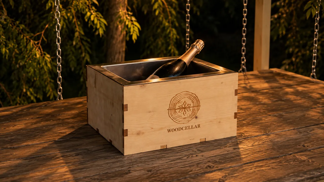 Da vicino, la glacetta Wood Cellar in abete con il marchio inciso e una bottiglia di spumante nella vasca d'acciaio.