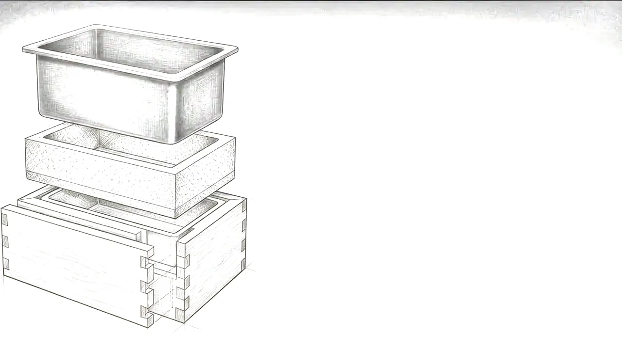 Disegno illustrativo della cassetta Wood Cellar scomposta: vasca in acciaio inox, isolante e guscio in legno.